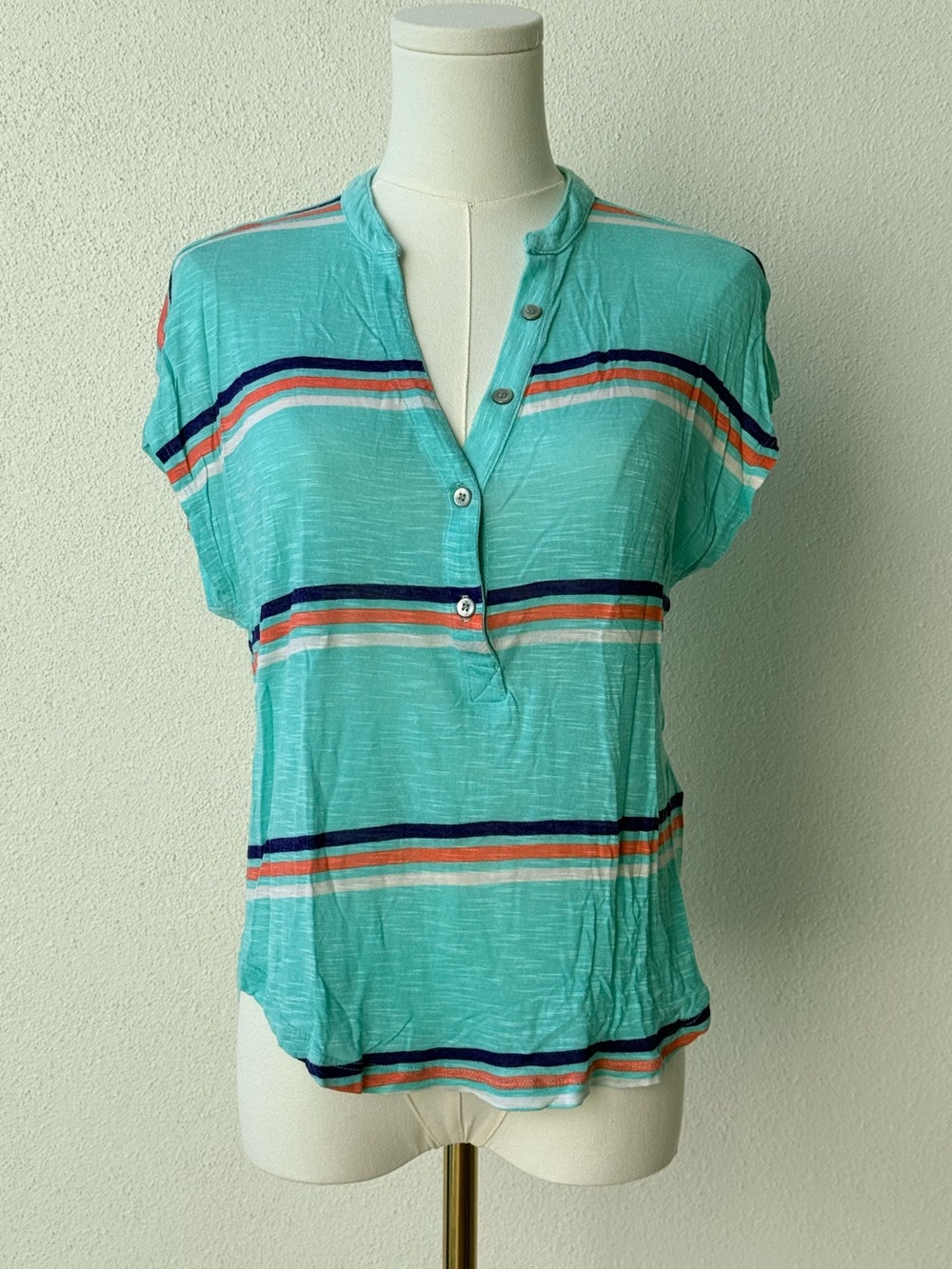 Splendid Aqua Striped V-neck Short-Sleeve Henley, super cute, XS